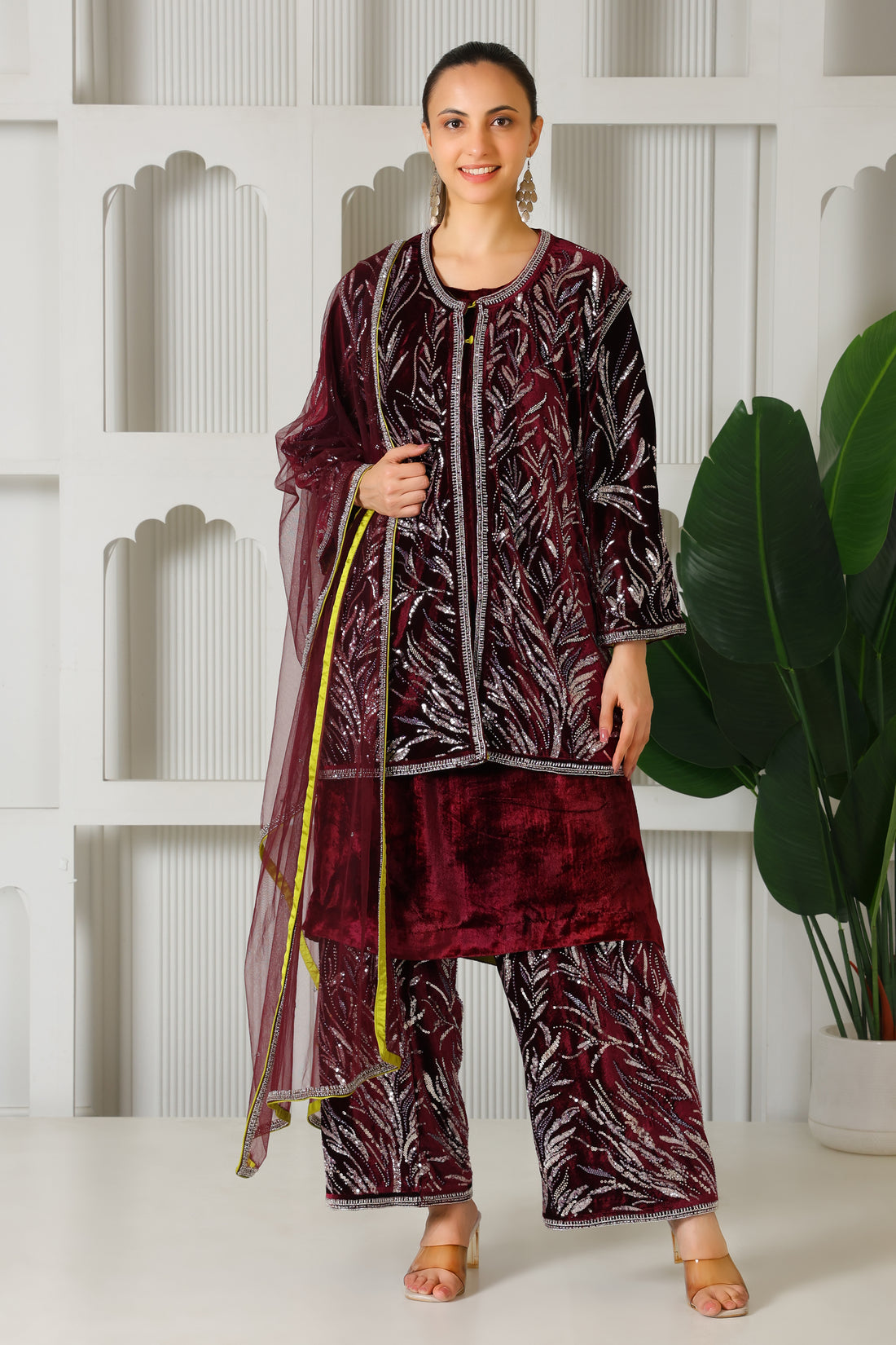 Classy Maroon Velvet Palazo Set