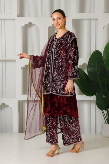 Classy Maroon Velvet Palazo Set