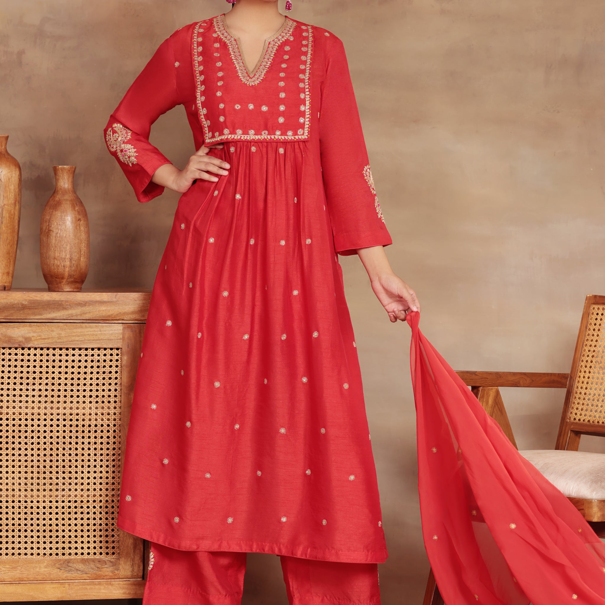 Traditional Silk Red Color Kurta Palazo Set