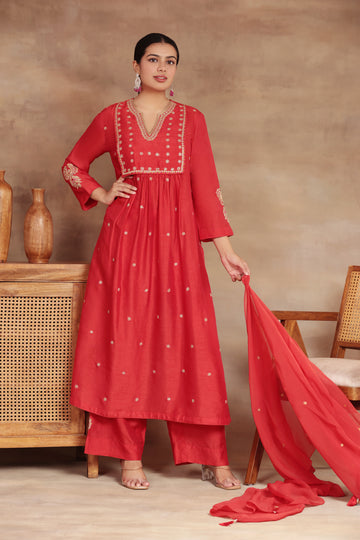 Traditional Silk Red Color Kurta Palazo Set