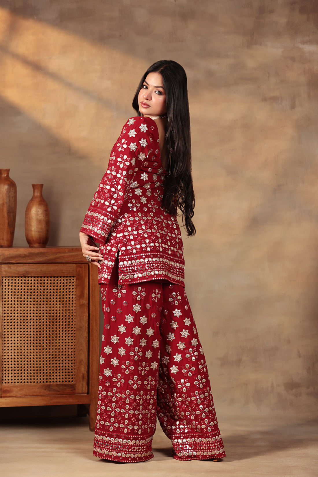 RED GOTTA EMBROIDERED SHARARA SET