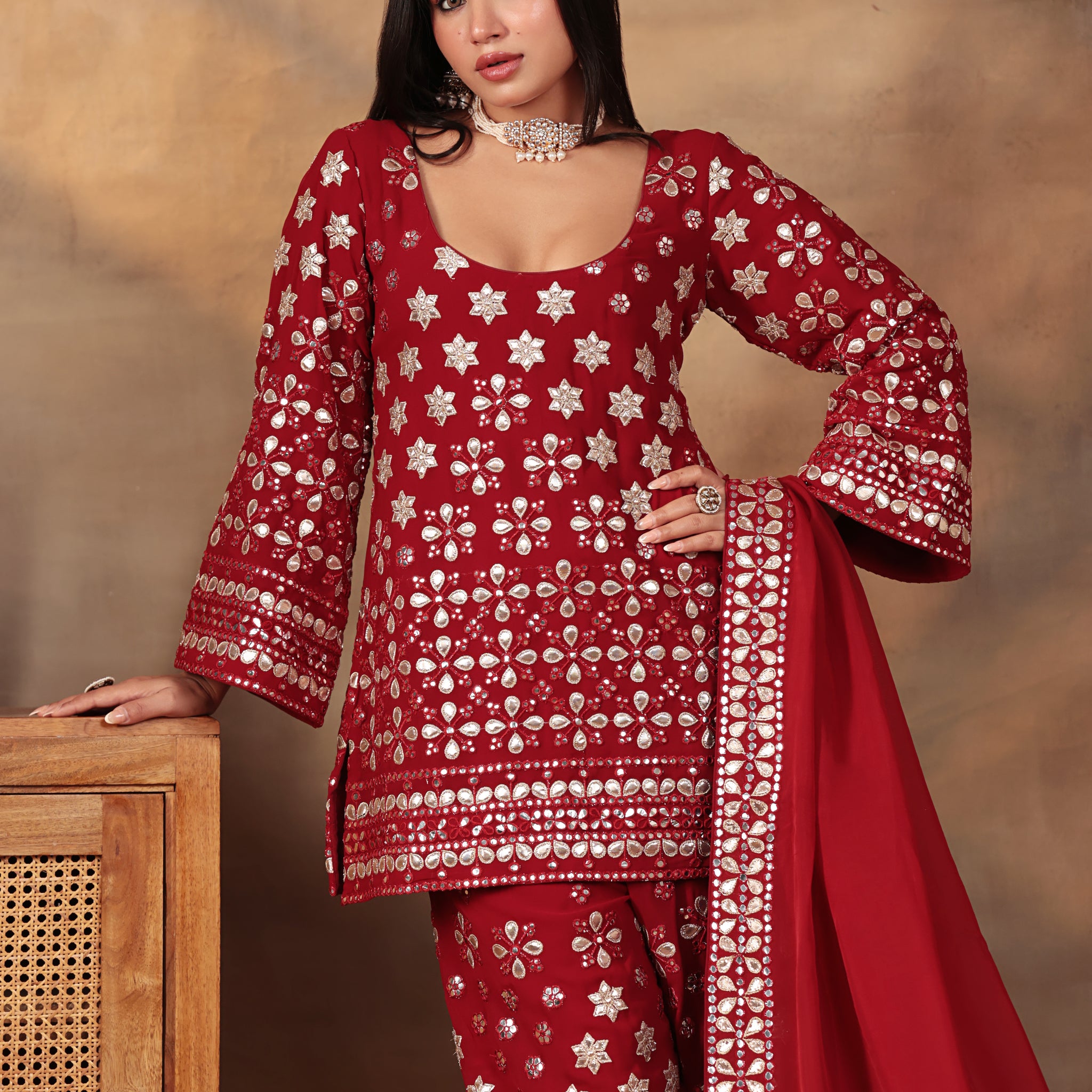 RED GOTTA EMBROIDERED SHARARA SET