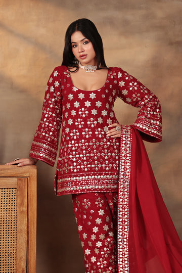 RED GOTTA EMBROIDERED SHARARA SET