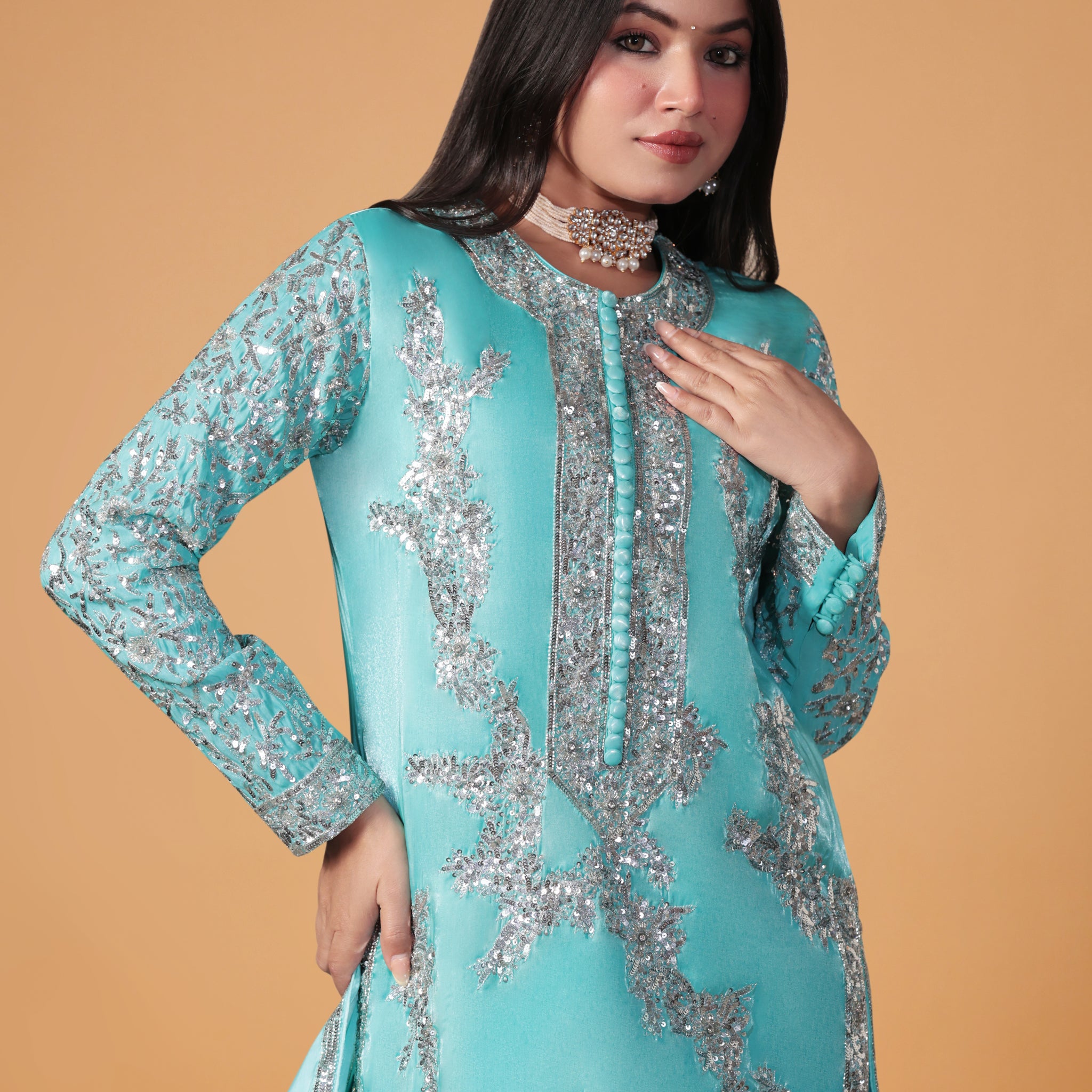 TRADITIONAL ELEGANT LONG KURTA PLAZO DUPTTA SKY BLUE