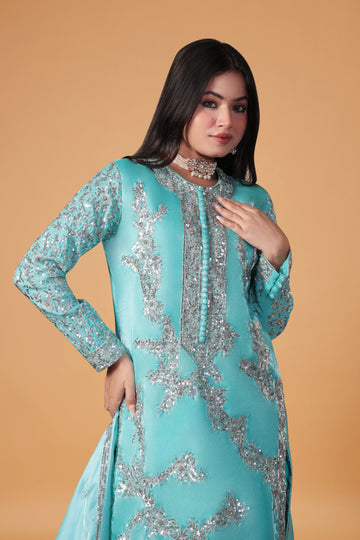 TRADITIONAL ELEGANT LONG KURTA PLAZO DUPTTA SKY BLUE
