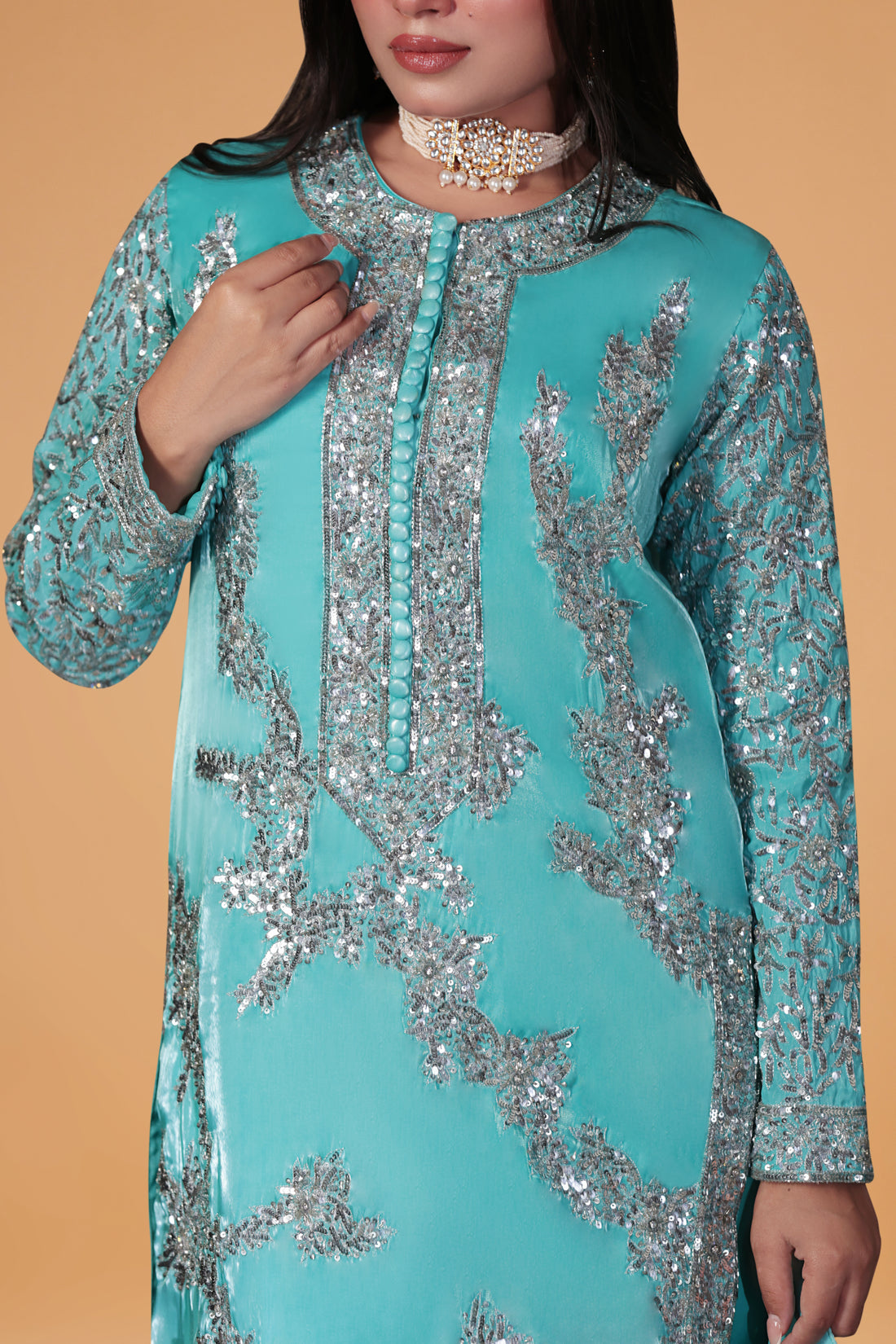 TRADITIONAL ELEGANT LONG KURTA PLAZO DUPTTA SKY BLUE