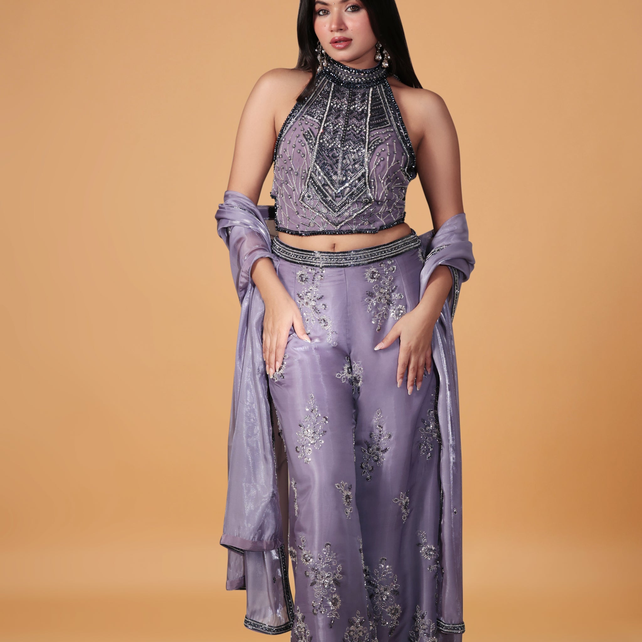 MOON NIGHT LIGHT PURPAL EMBROIDERY BLOUSE PLAZO DUPTTA SET