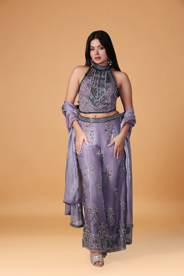 MOON NIGHT LIGHT PURPAL EMBROIDERY BLOUSE PLAZO DUPTTA SET