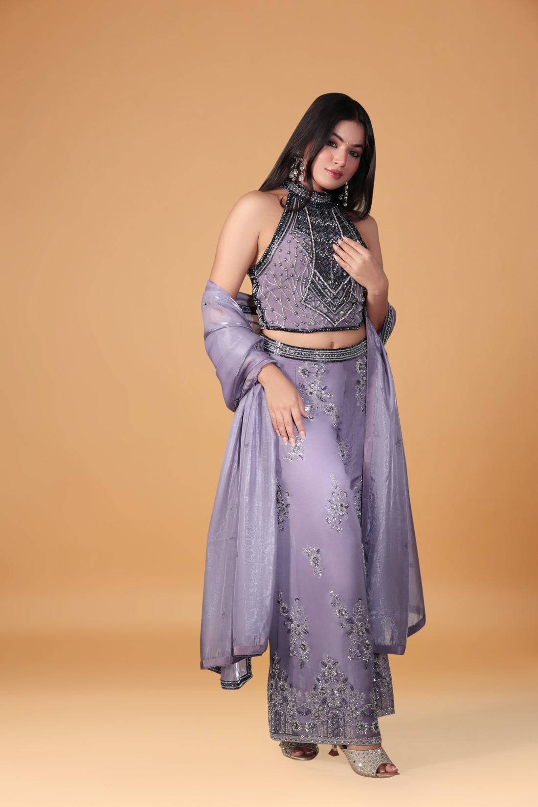 MOON NIGHT LIGHT PURPAL EMBROIDERY BLOUSE PLAZO DUPTTA SET