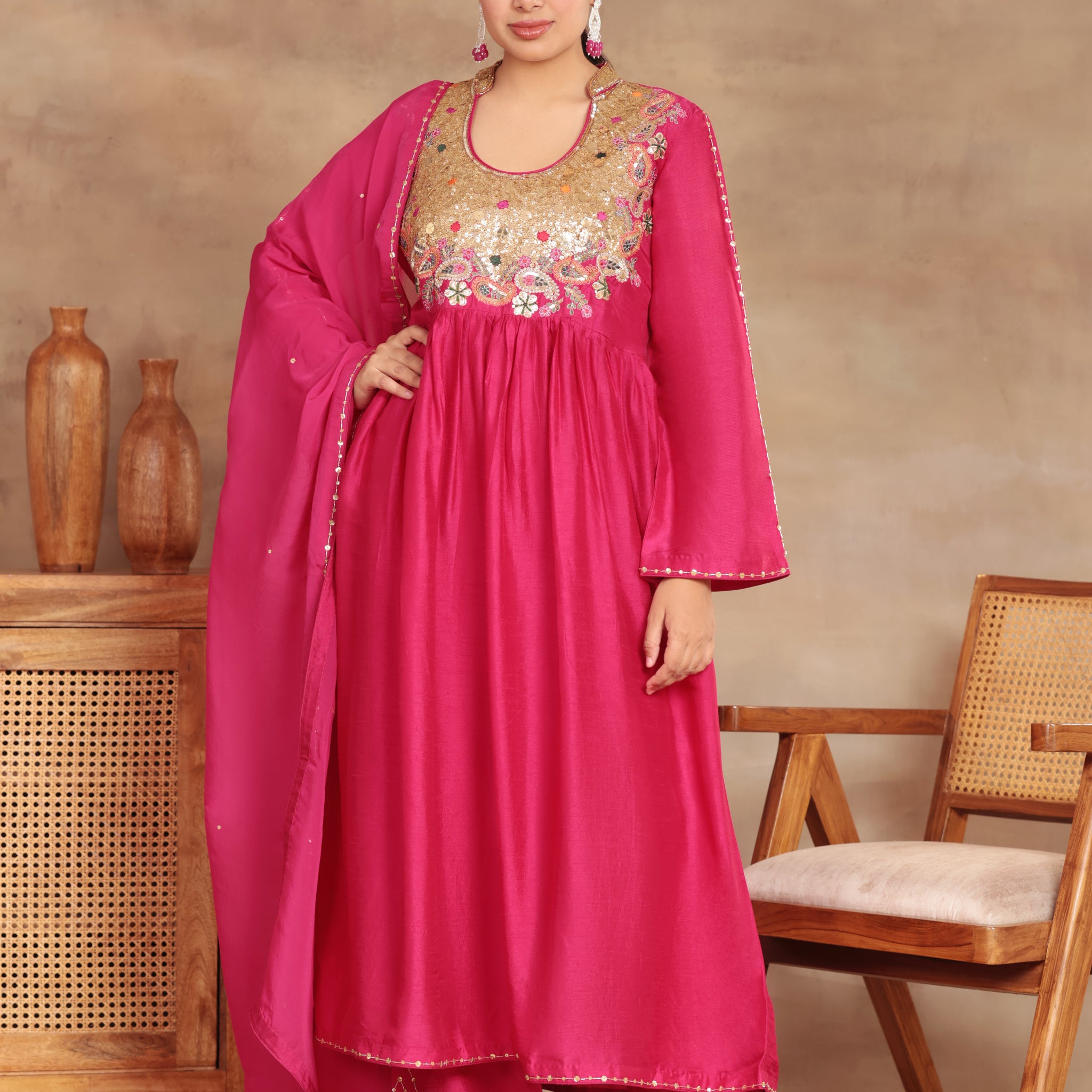 TRADITIONAL SILK RANI COLOR KURTA PLAZO SET RED DUPATTA HAND JARI AND SEQUENCE EMBROIDERY PINK KURTA