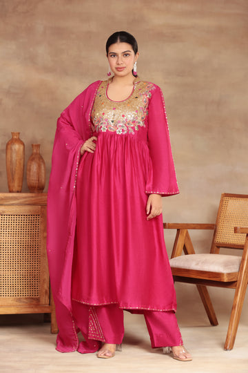 TRADITIONAL SILK RANI COLOR KURTA PLAZO SET RED DUPATTA HAND JARI AND SEQUENCE EMBROIDERY PINK KURTA