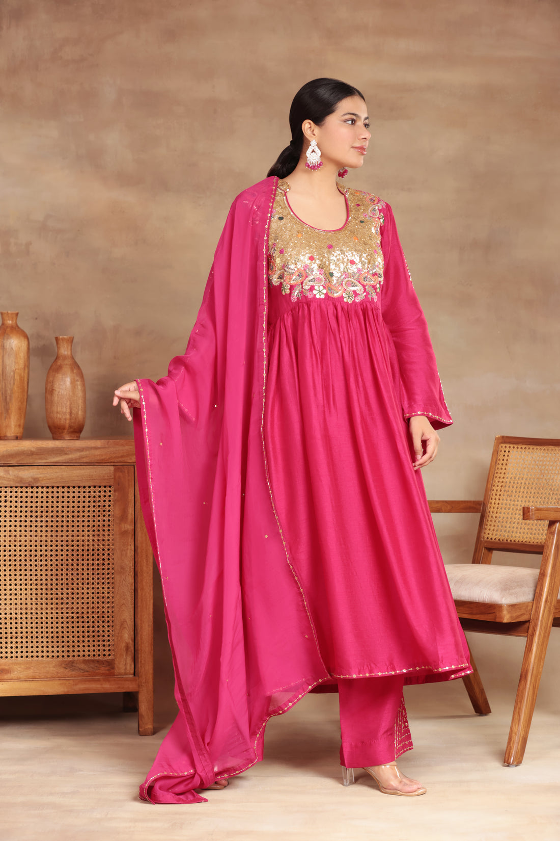 TRADITIONAL SILK RANI COLOR KURTA PLAZO SET RED DUPATTA HAND JARI AND SEQUENCE EMBROIDERY PINK KURTA