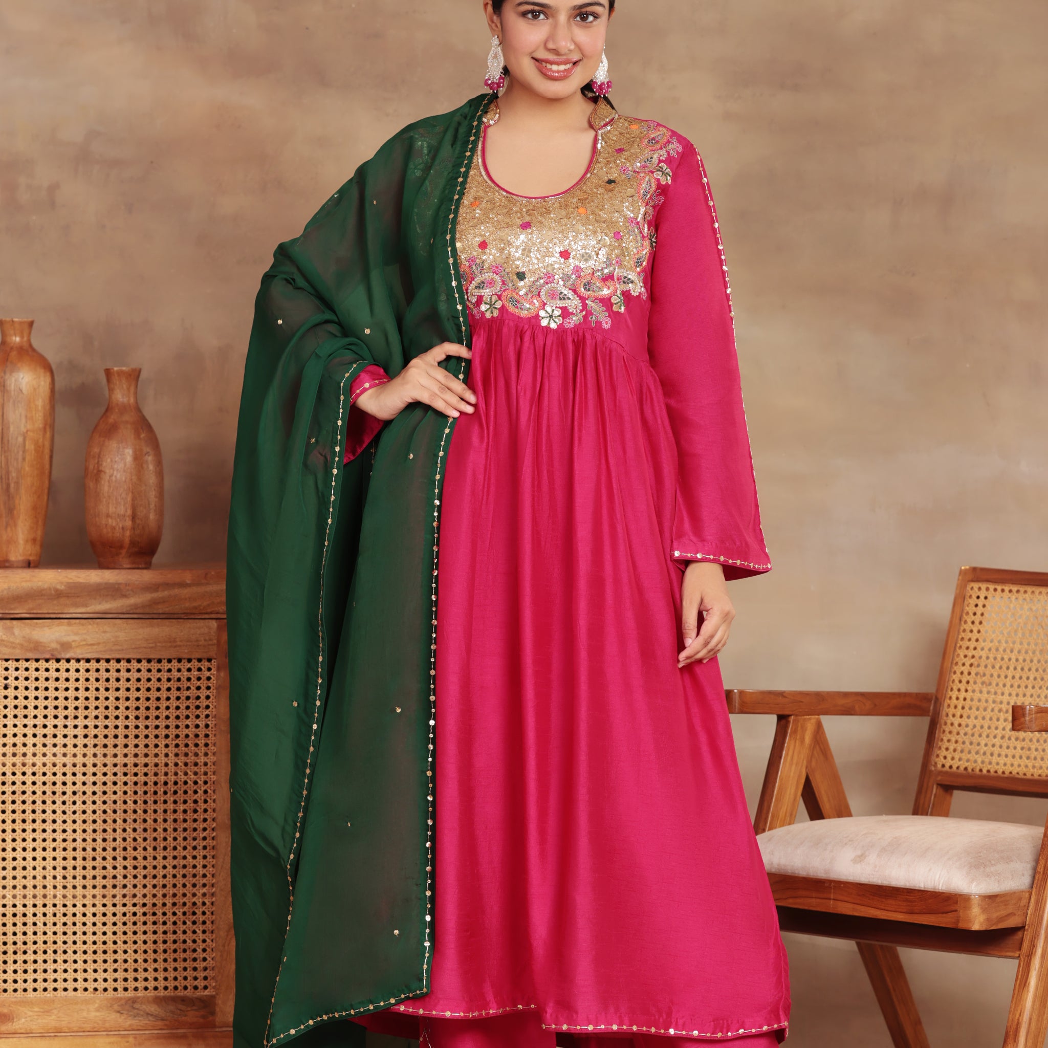 TRADITIONAL SILK RANI COLOR KURTA PLAZO SET GREEN DUPATTA HAND JARI AND SEQUENCE EMBROIDERY PINK KURTA