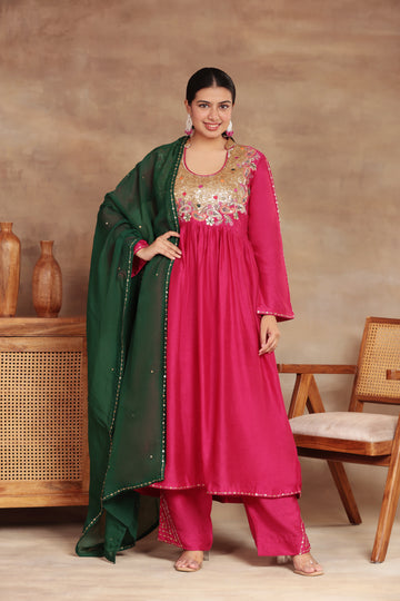 TRADITIONAL SILK RANI COLOR KURTA PLAZO SET GREEN DUPATTA HAND JARI AND SEQUENCE EMBROIDERY PINK KURTA