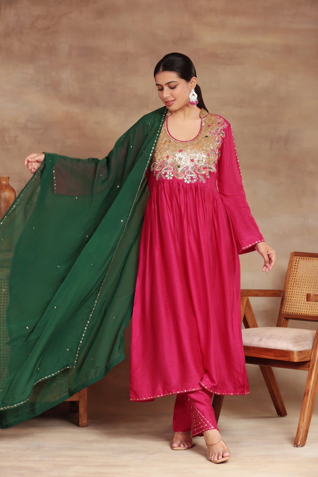 TRADITIONAL SILK RANI COLOR KURTA PLAZO SET GREEN DUPATTA HAND JARI AND SEQUENCE EMBROIDERY PINK KURTA
