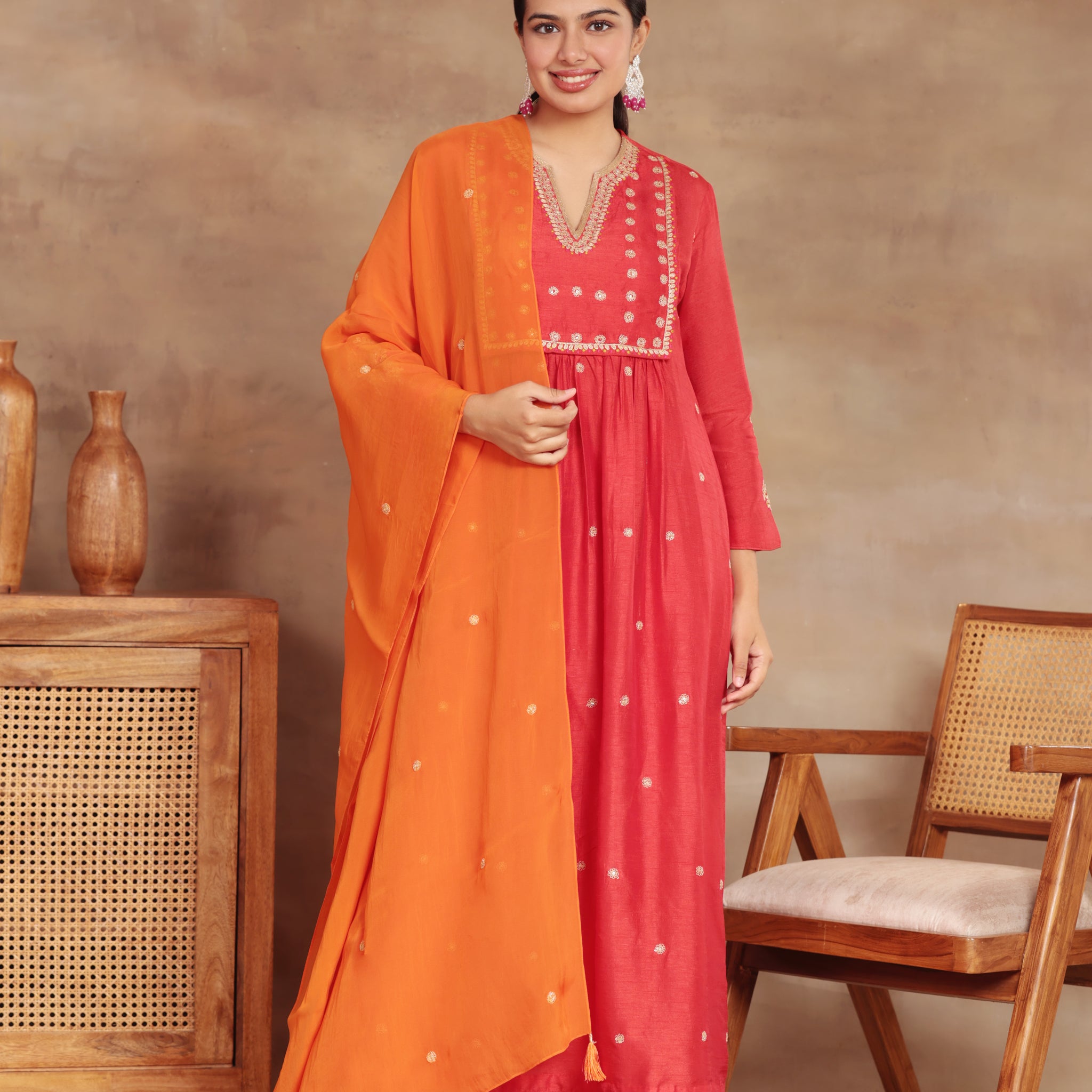 TRADITIONAL SILK RED COLOR KURTA PLAZO SET ORANGE DUPATTA HAND JARI AND SEQUENCE EMBROIDERY KURTA