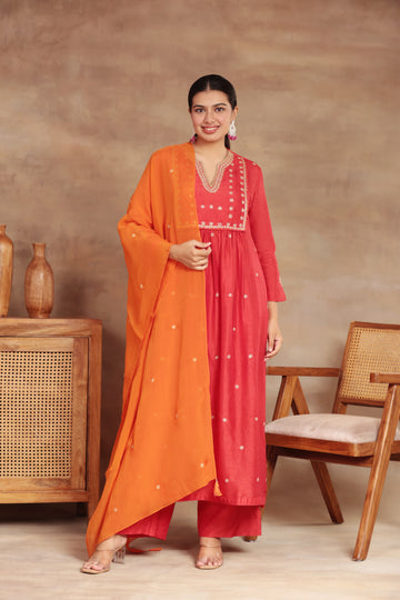 TRADITIONAL SILK RED COLOR KURTA PLAZO SET ORANGE DUPATTA HAND JARI AND SEQUENCE EMBROIDERY KURTA