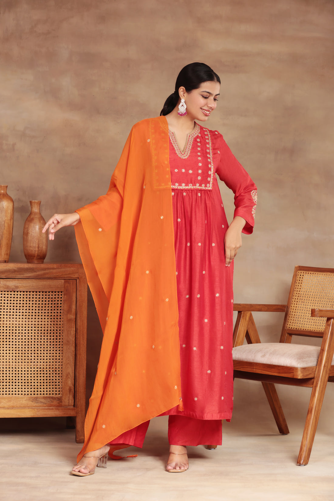 TRADITIONAL SILK RED COLOR KURTA PLAZO SET ORANGE DUPATTA HAND JARI AND SEQUENCE EMBROIDERY KURTA