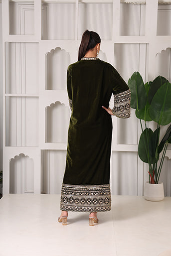 Zeenat Olive Velvet Long Kurta
