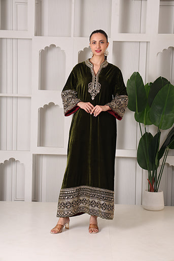 Zeenat Olive Velvet Long Kurta
