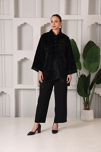 Black Woolen Coat/Crape Co-ord Set