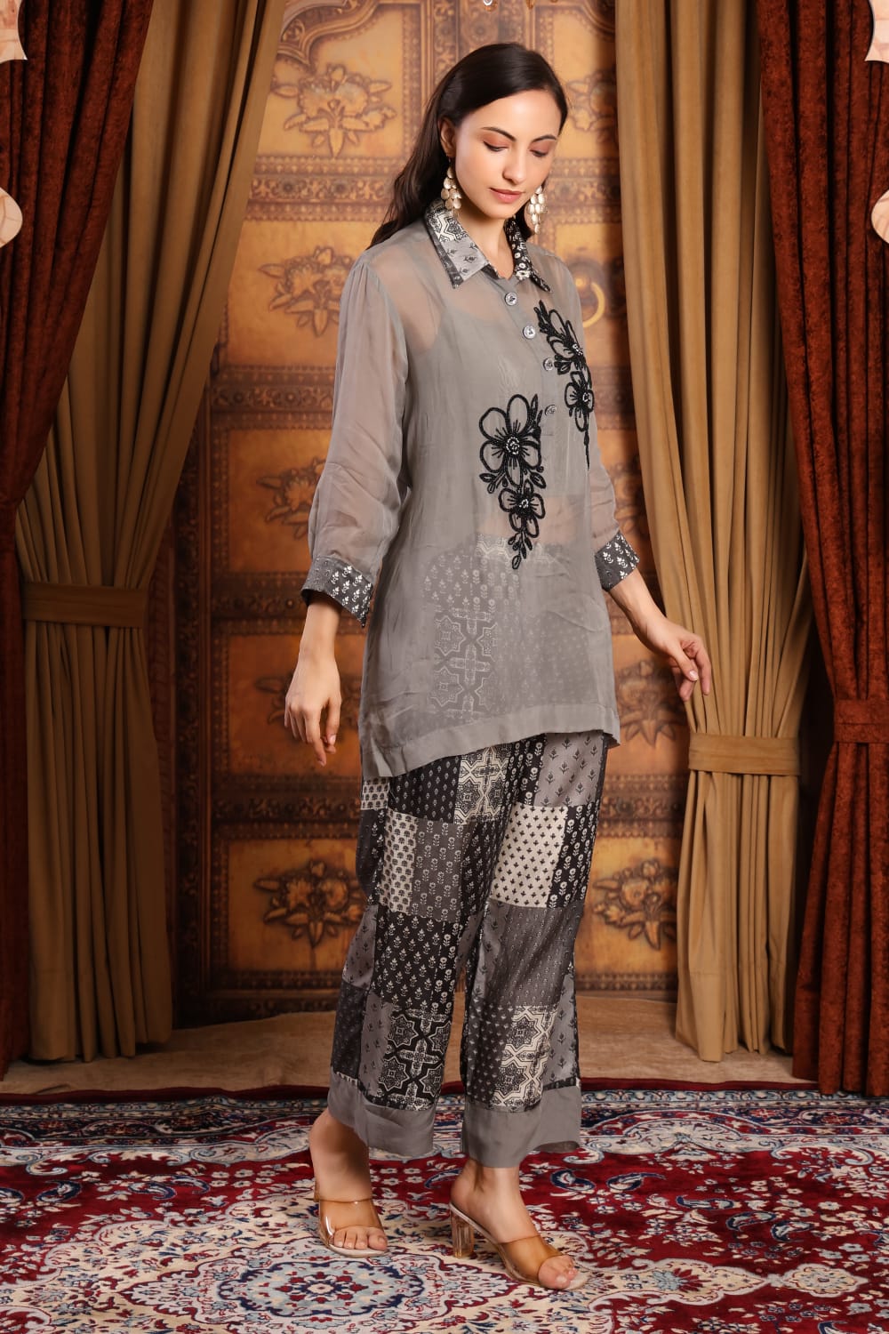 Grey Floral Embroidered Organza co-ord