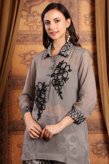 Grey Floral Embroidered Organza co-ord